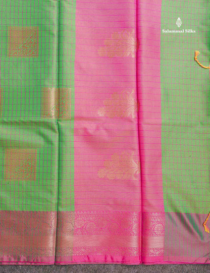 Semi Soft Silk Saree - Light Green Colour Body Small Checks With Contrast Pink Blouse