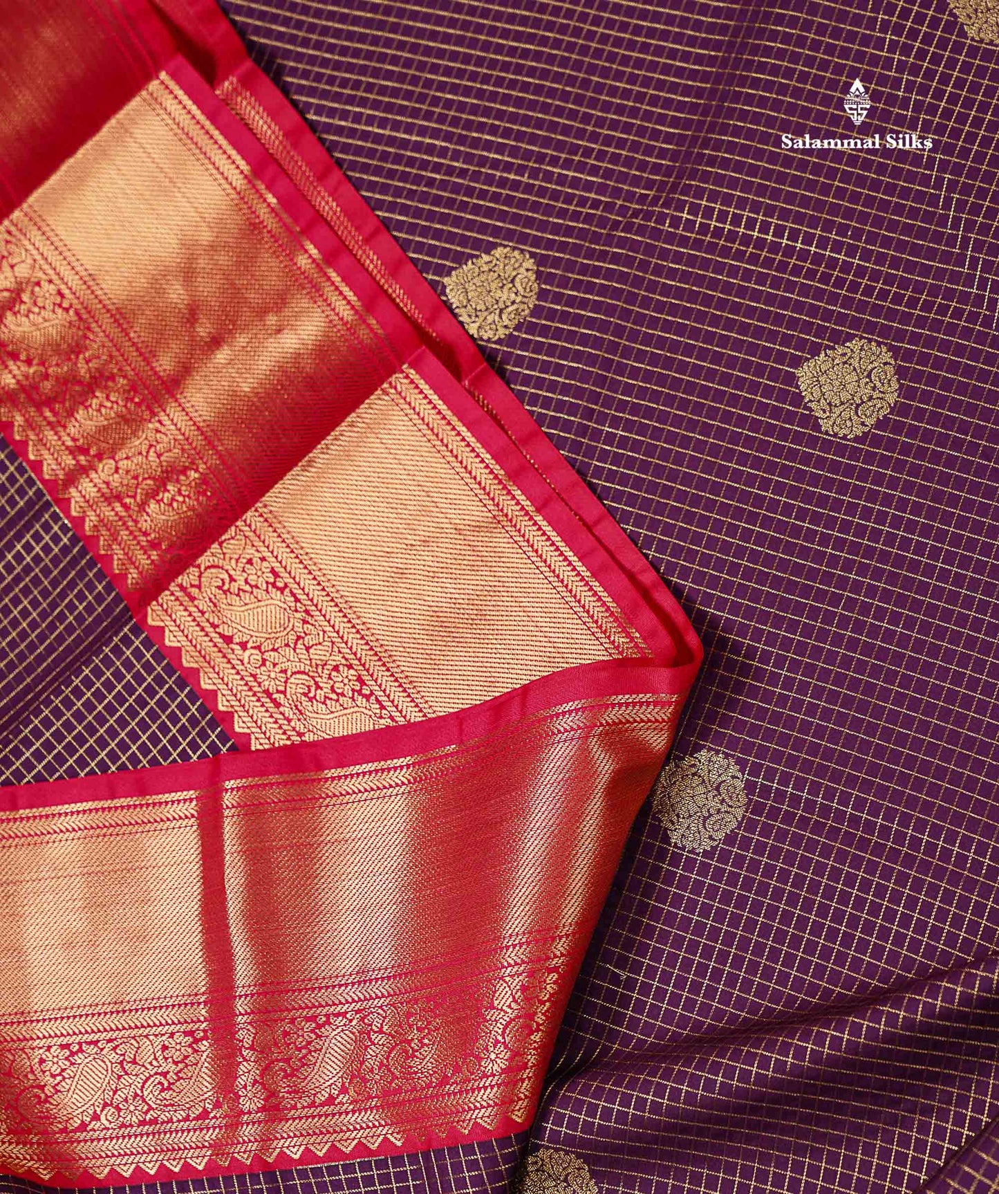 Semi Silk Saree -  Dark Purple Butta With Small Checks Along With Contrast Red Traditional Border