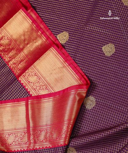 Semi Silk Saree -  Dark Purple Butta With Small Checks Along With Contrast Red Traditional Border