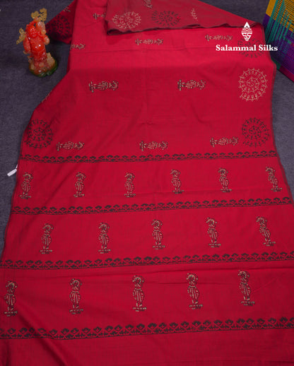Beautiful Reddish Maroon South Cotton Printed Saree With Contrast Cream Sandal Blouse