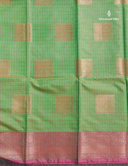 Semi Soft Silk Saree - Light Green Colour Body Small Checks With Contrast Pink Blouse