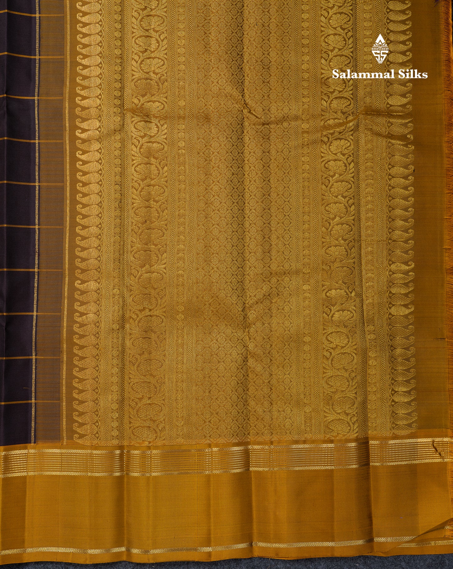 Beautiful Dark Brown Checks With Zari Butta Pure Kanjivaram Silk Saree With Contrast Mustard Yellow Traditional Gap Border