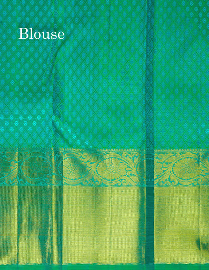 Peacock Green Pure Kanjivaram Silk Saree 3G Zari with Gold Zari Long Border