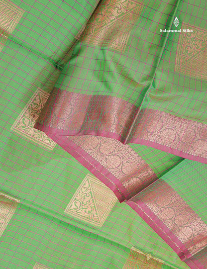Semi Soft Silk Saree - Light Green Colour Body Small Checks With Contrast Pink Blouse
