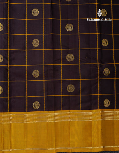 Beautiful Dark Brown Checks With Zari Butta Pure Kanjivaram Silk Saree With Contrast Mustard Yellow Traditional Gap Border