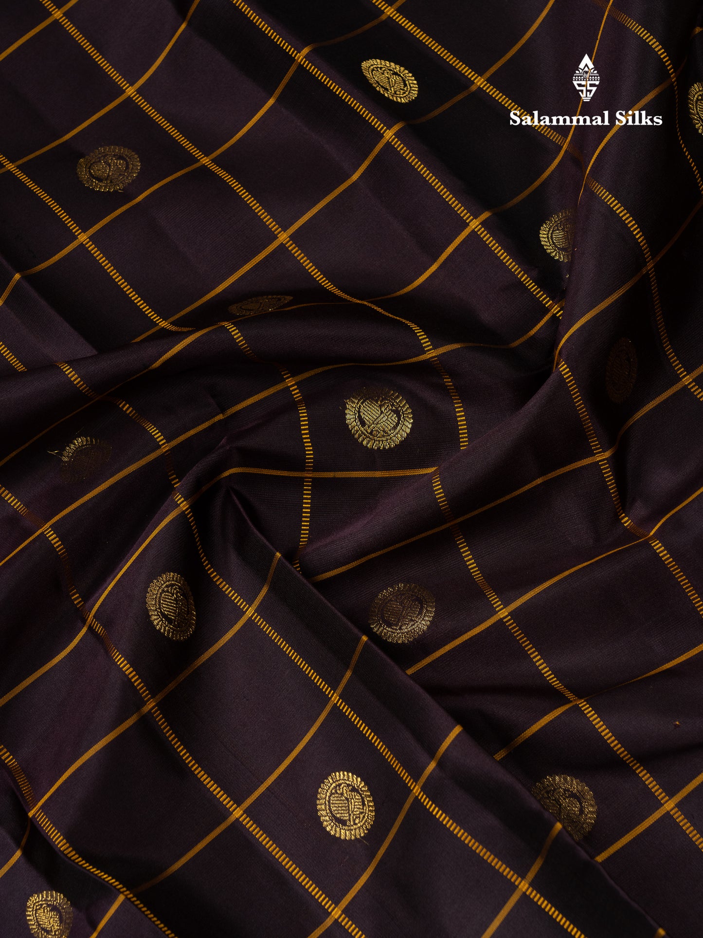 Beautiful Dark Brown Checks With Zari Butta Pure Kanjivaram Silk Saree With Contrast Mustard Yellow Traditional Gap Border