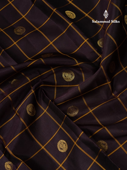 Beautiful Dark Brown Checks With Zari Butta Pure Kanjivaram Silk Saree With Contrast Mustard Yellow Traditional Gap Border
