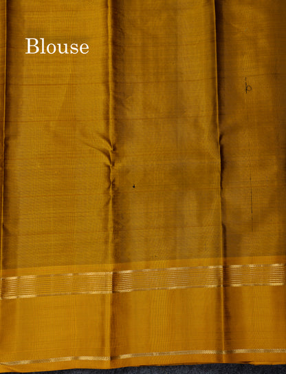 Beautiful Dark Brown Checks With Zari Butta Pure Kanjivaram Silk Saree With Contrast Mustard Yellow Traditional Gap Border