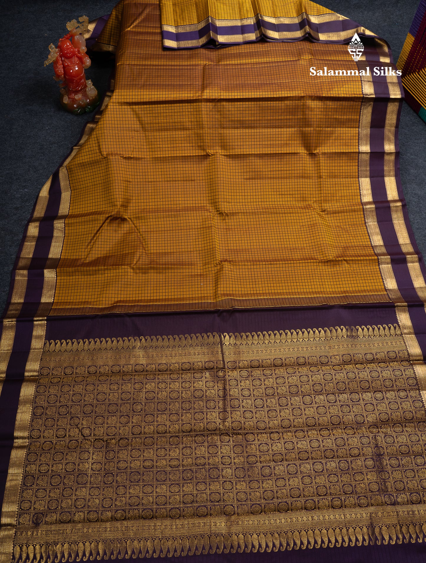 Beautiful Olive Mustard Yellow Pure Kanjivaram Silk Saree With Contrast Dark Violet Traditional Gap Border
