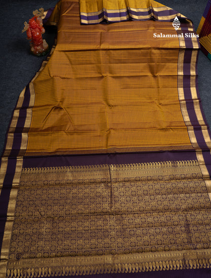 Beautiful Olive Mustard Yellow Pure Kanjivaram Silk Saree With Contrast Dark Violet Traditional Gap Border