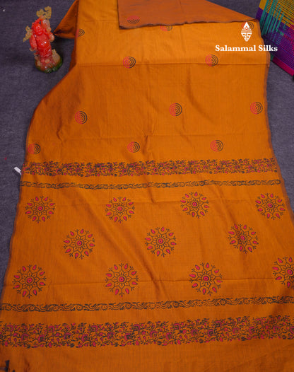 Beautiful Mustard Yellow South Cotton Printed Saree With Contrast Black Blouse