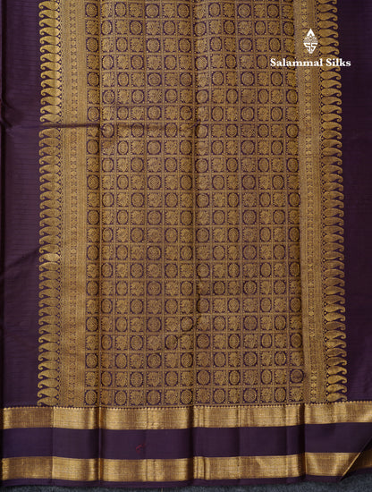 Beautiful Olive Mustard Yellow Pure Kanjivaram Silk Saree With Contrast Dark Violet Traditional Gap Border