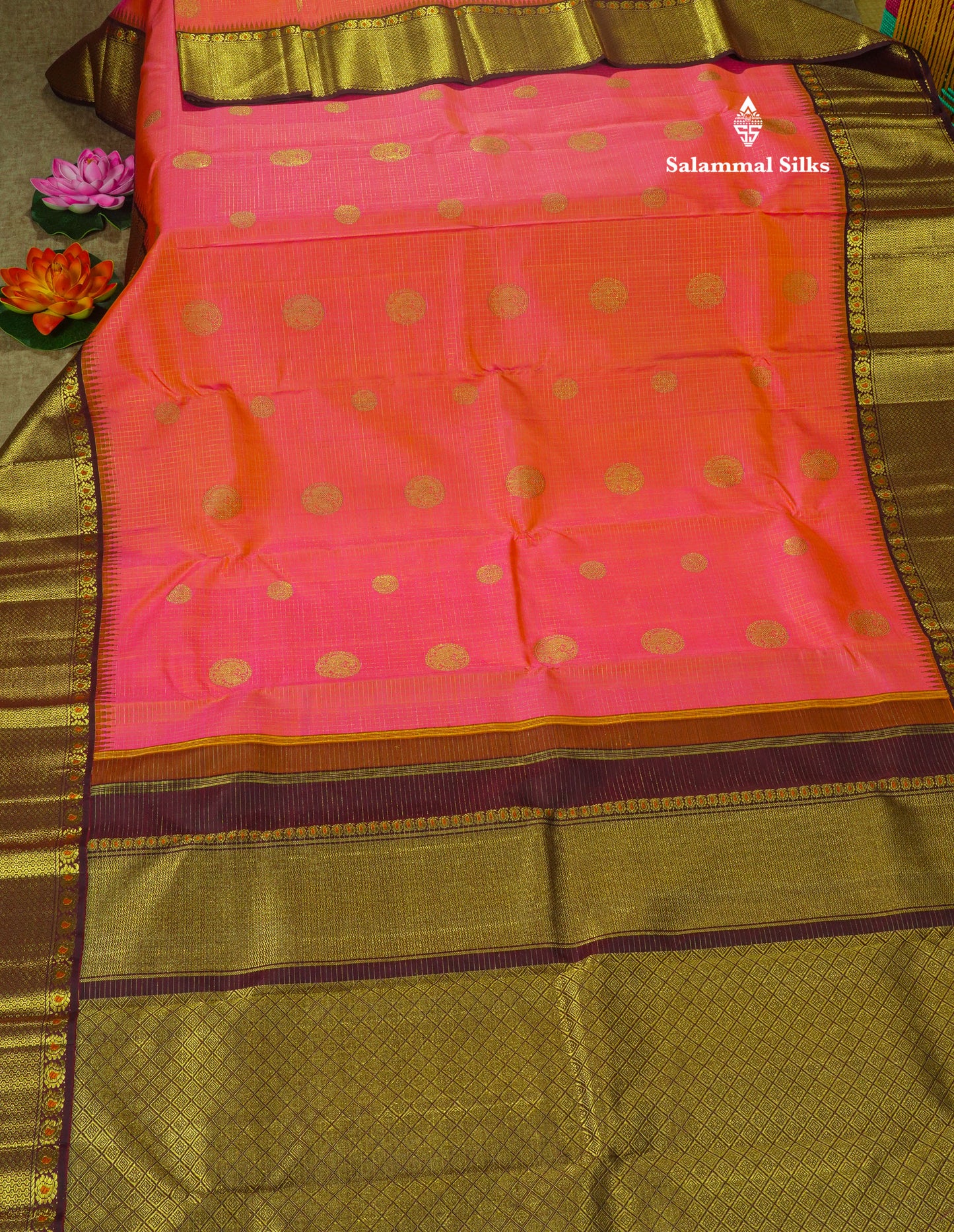 Pinkish Orange Small Zari Checks Pure Kanjivaram Silk Saree 2G Zari With Contrast Brown Border