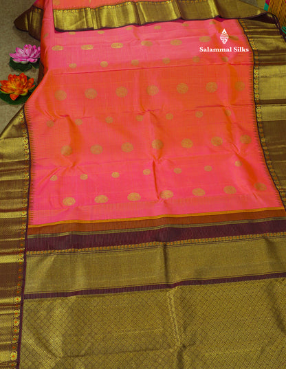 Pinkish Orange Small Zari Checks Pure Kanjivaram Silk Saree 2G Zari With Contrast Brown Border