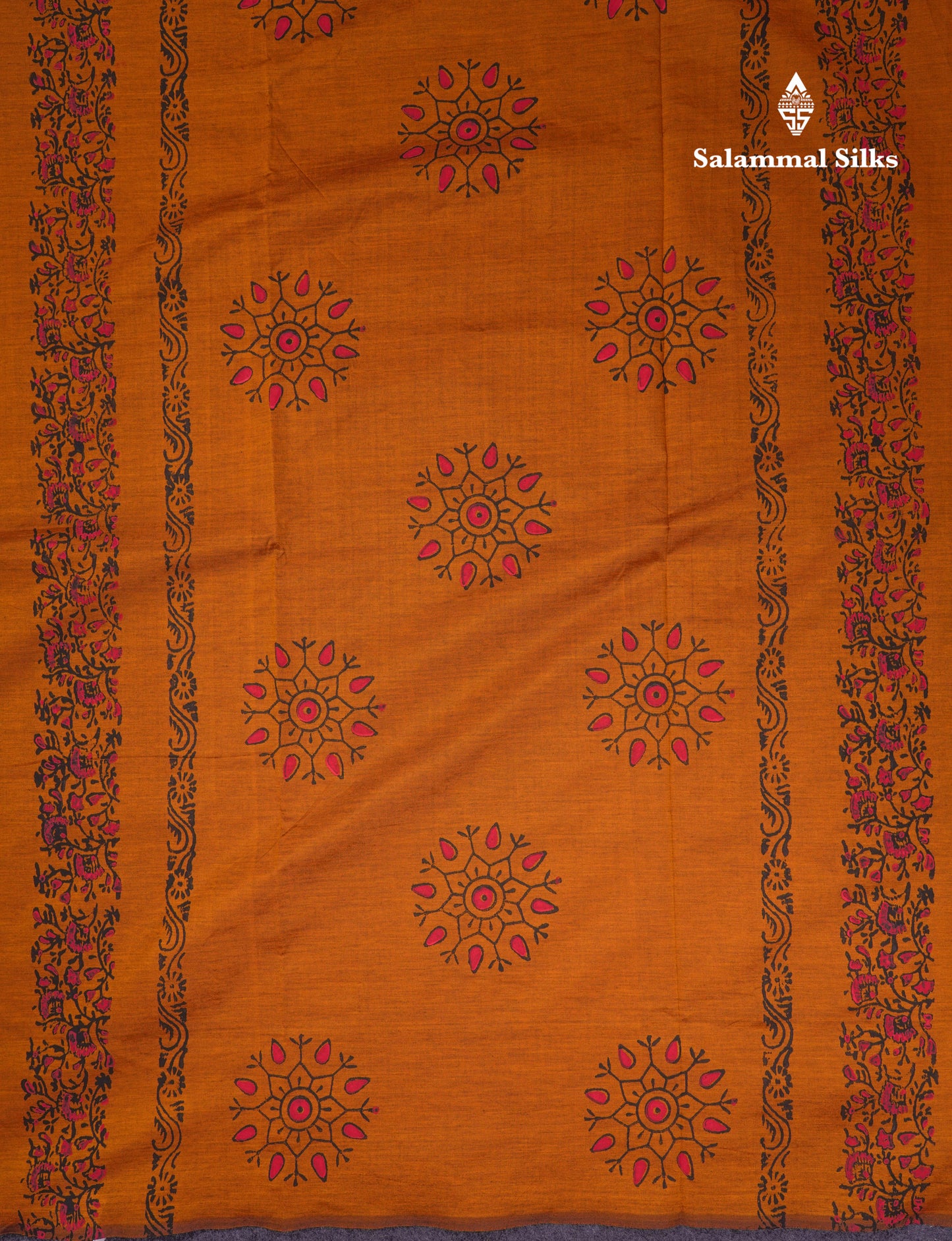 Beautiful Mustard Yellow South Cotton Printed Saree With Contrast Black Blouse