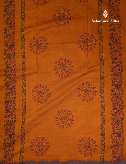 Beautiful Mustard Yellow South Cotton Printed Saree With Contrast Black Blouse