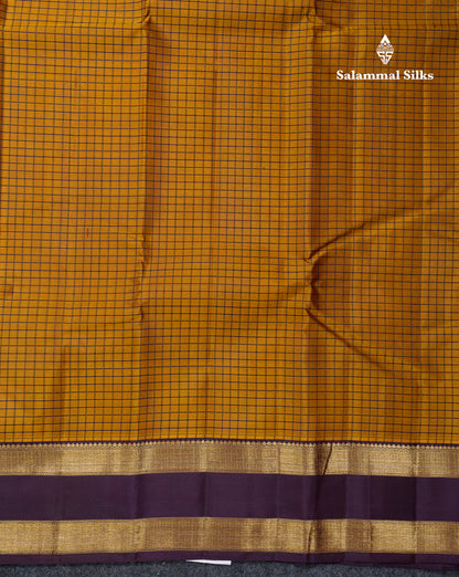Beautiful Olive Mustard Yellow Pure Kanjivaram Silk Saree With Contrast Dark Violet Traditional Gap Border