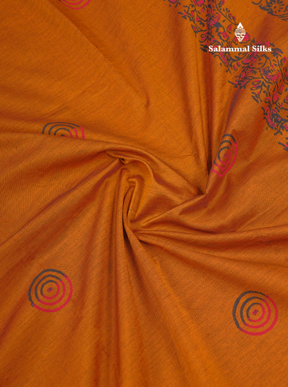 Beautiful Mustard Yellow South Cotton Printed Saree With Contrast Black Blouse