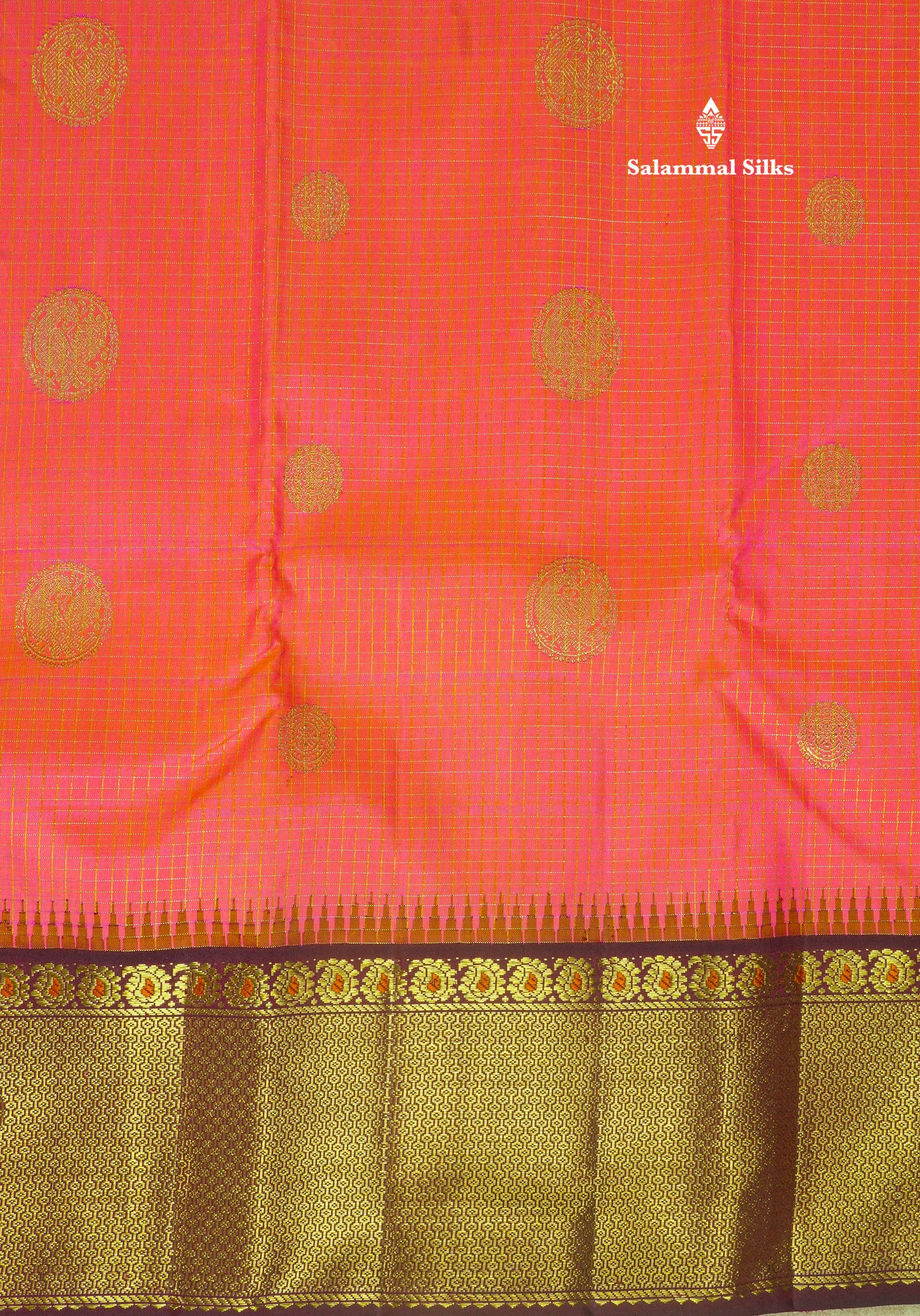 Pinkish Orange Small Zari Checks Pure Kanjivaram Silk Saree 2G Zari With Contrast Brown Border