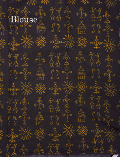 Beautiful Mustard Yellow South Cotton Printed Saree With Contrast Black Blouse