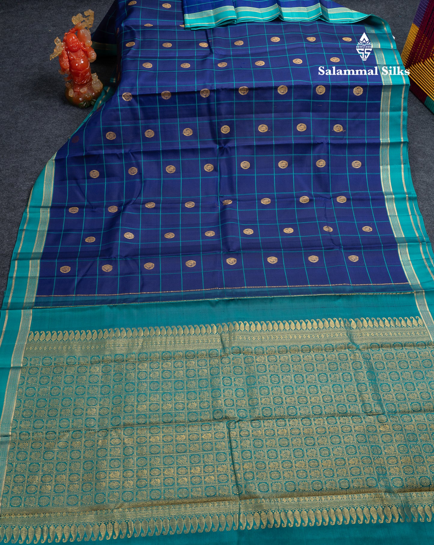 Beautiful Dual Tone Navy Blue Checks With Zari Butta Pure Kanjivaram Silk Saree With Contrast Sapphire Green Traditional Small Gap Border