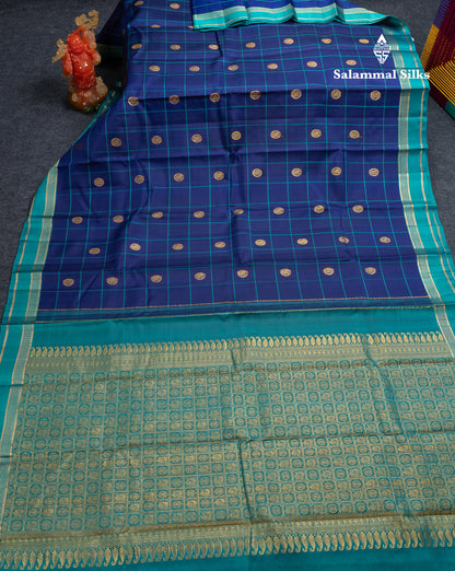 Beautiful Dual Tone Navy Blue Checks With Zari Butta Pure Kanjivaram Silk Saree With Contrast Sapphire Green Traditional Small Gap Border