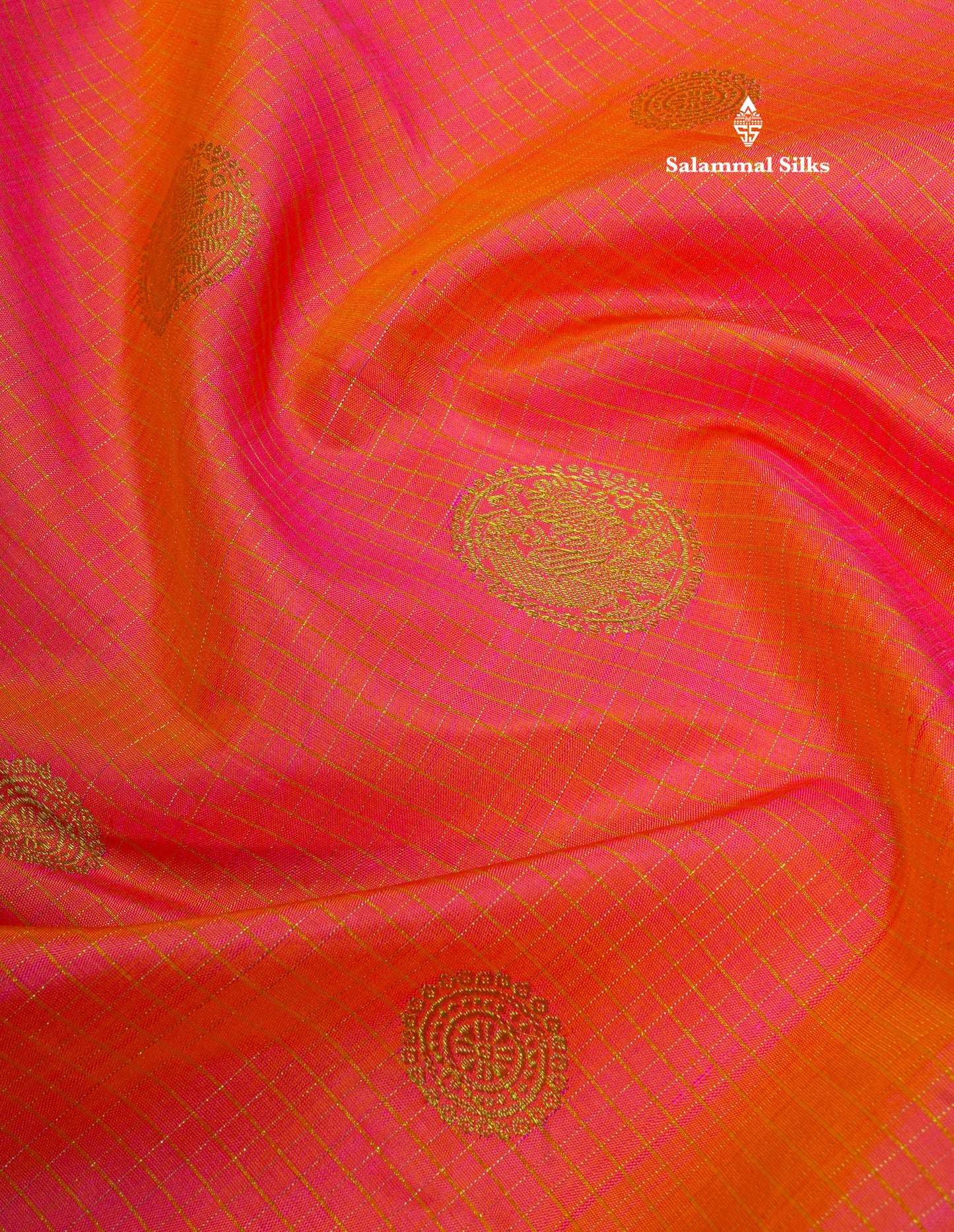Pinkish Orange Small Zari Checks Pure Kanjivaram Silk Saree 2G Zari With Contrast Brown Border