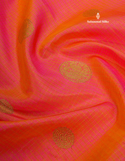 Pinkish Orange Small Zari Checks Pure Kanjivaram Silk Saree 2G Zari With Contrast Brown Border