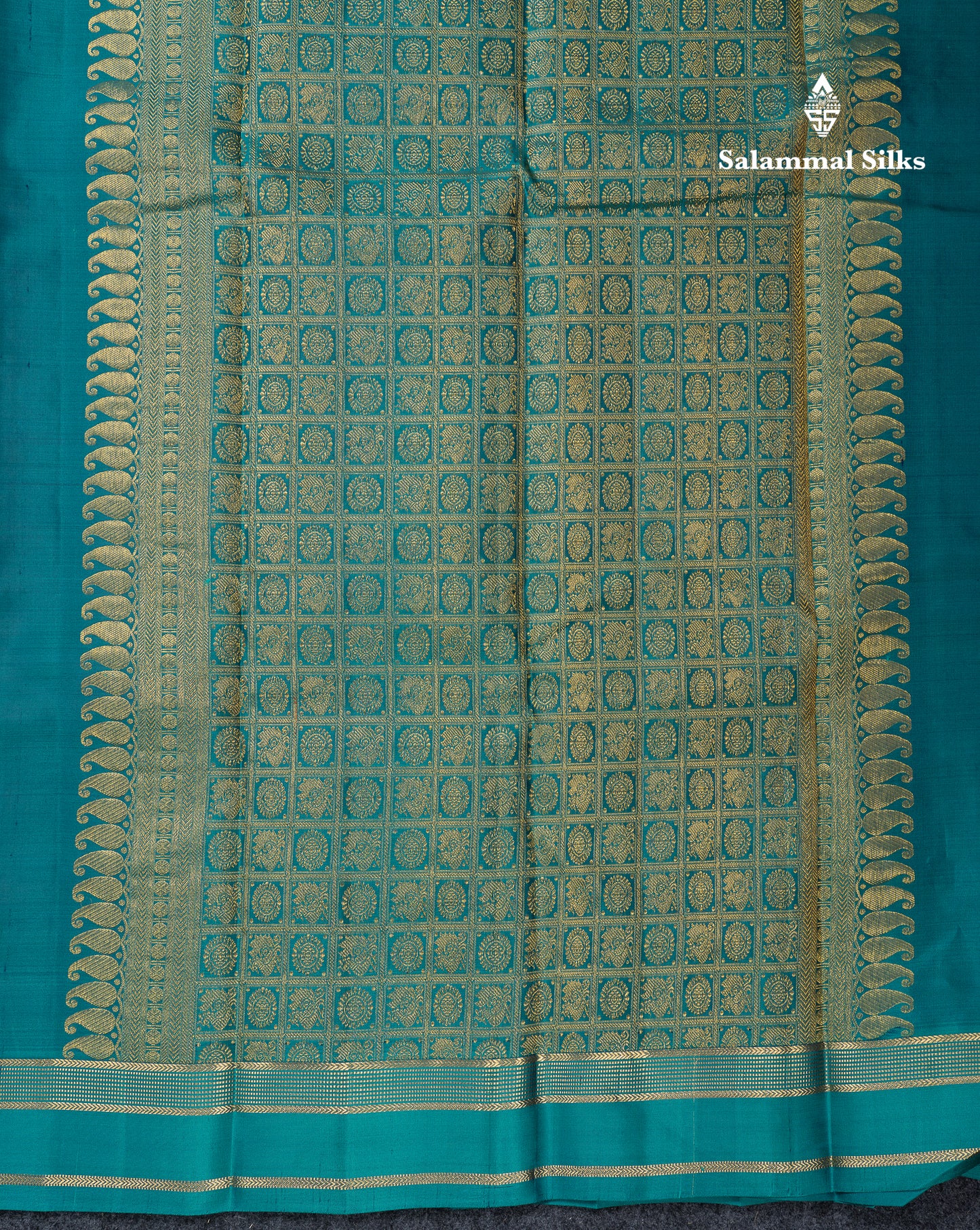 Beautiful Dual Tone Navy Blue Checks With Zari Butta Pure Kanjivaram Silk Saree With Contrast Sapphire Green Traditional Small Gap Border