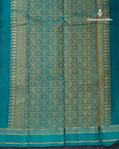 Beautiful Dual Tone Navy Blue Checks With Zari Butta Pure Kanjivaram Silk Saree With Contrast Sapphire Green Traditional Small Gap Border