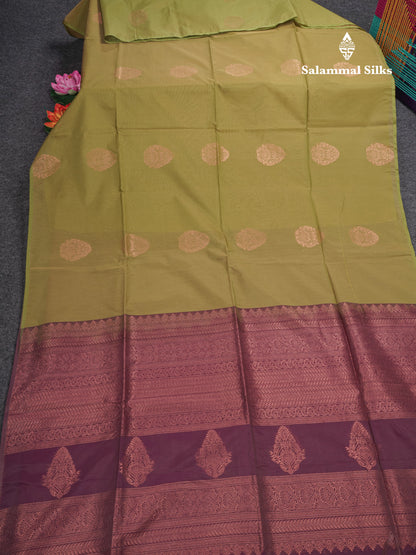 Beautiful Olive Green SICO Cotton Saree With Contrast Magenta Blouse