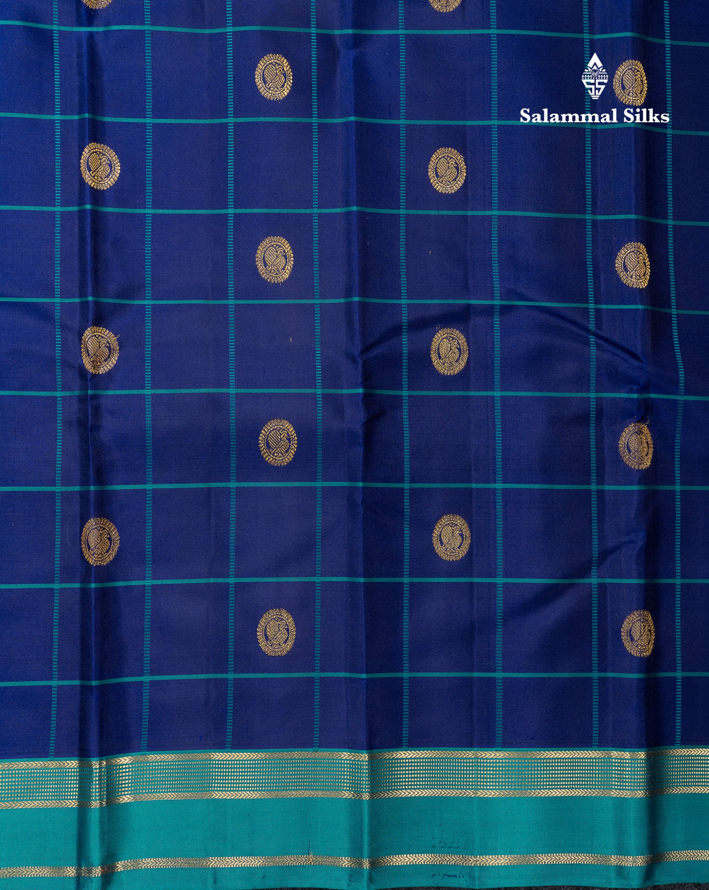 Beautiful Dual Tone Navy Blue Checks With Zari Butta Pure Kanjivaram Silk Saree With Contrast Sapphire Green Traditional Small Gap Border