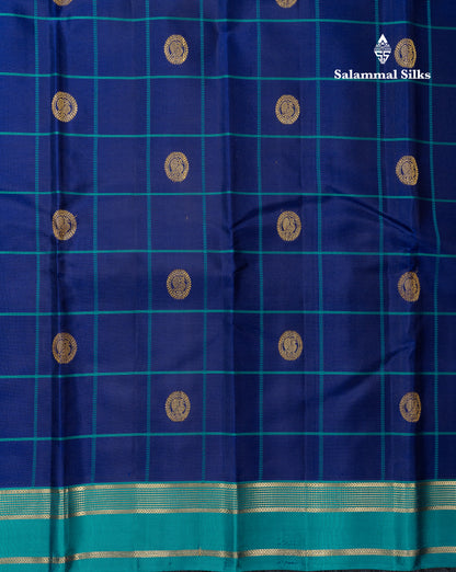 Beautiful Dual Tone Navy Blue Checks With Zari Butta Pure Kanjivaram Silk Saree With Contrast Sapphire Green Traditional Small Gap Border