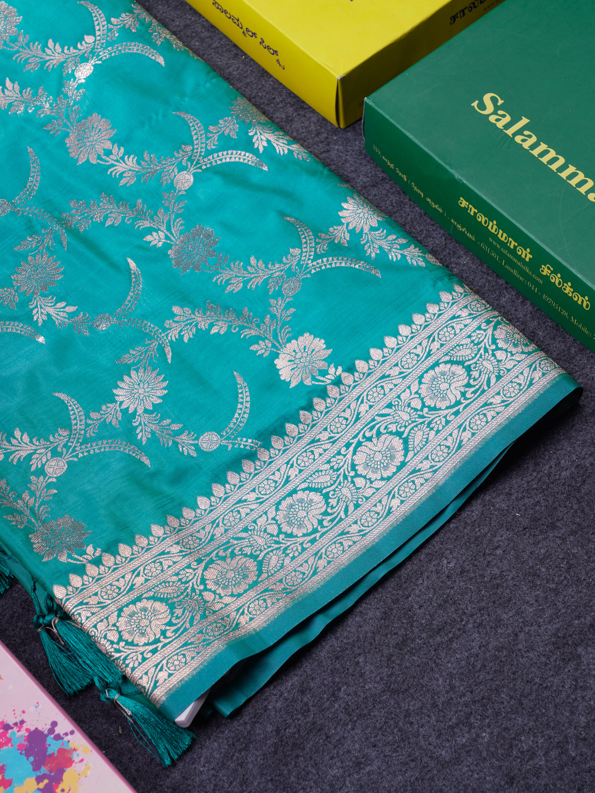 Beautiful Peacock Green Semi Banaras Saree With Fancy Border