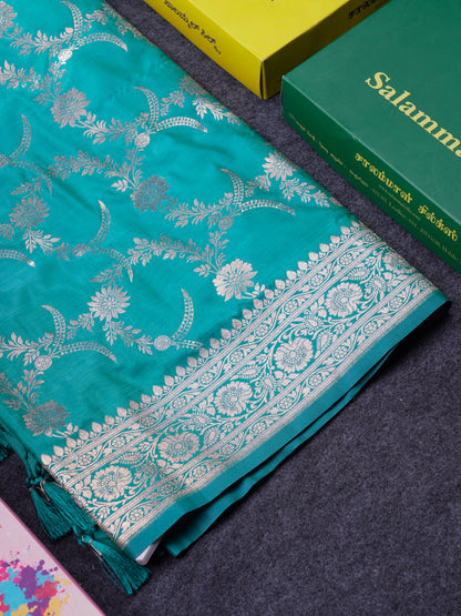 Beautiful Peacock Green Semi Banaras Saree With Fancy Border