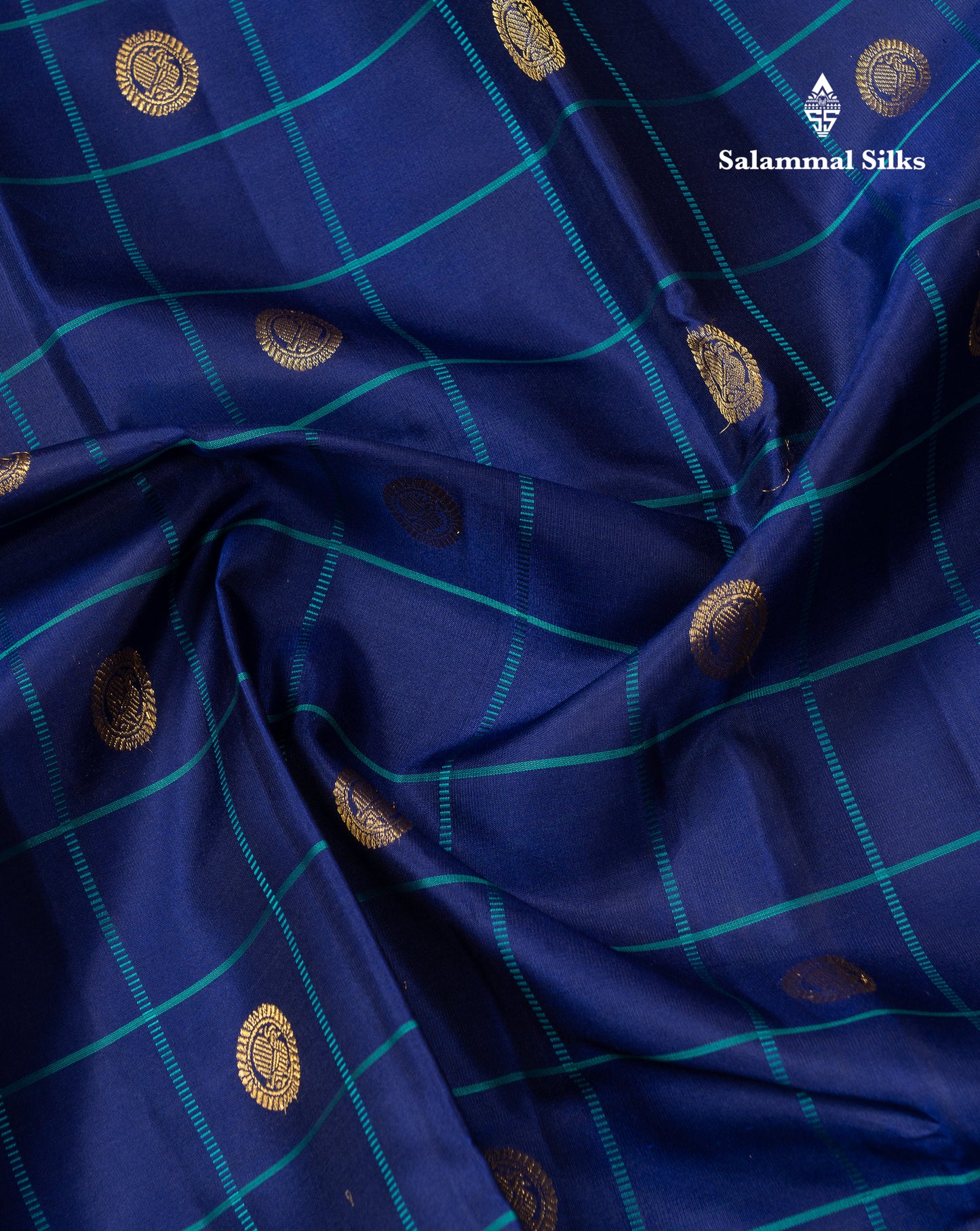 Beautiful Dual Tone Navy Blue Checks With Zari Butta Pure Kanjivaram Silk Saree With Contrast Sapphire Green Traditional Small Gap Border