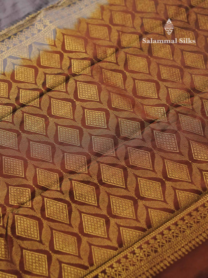 Beautiful Grey PureMix Kanjivaram Soft Silk Saree With Contrast Rust Orange Border