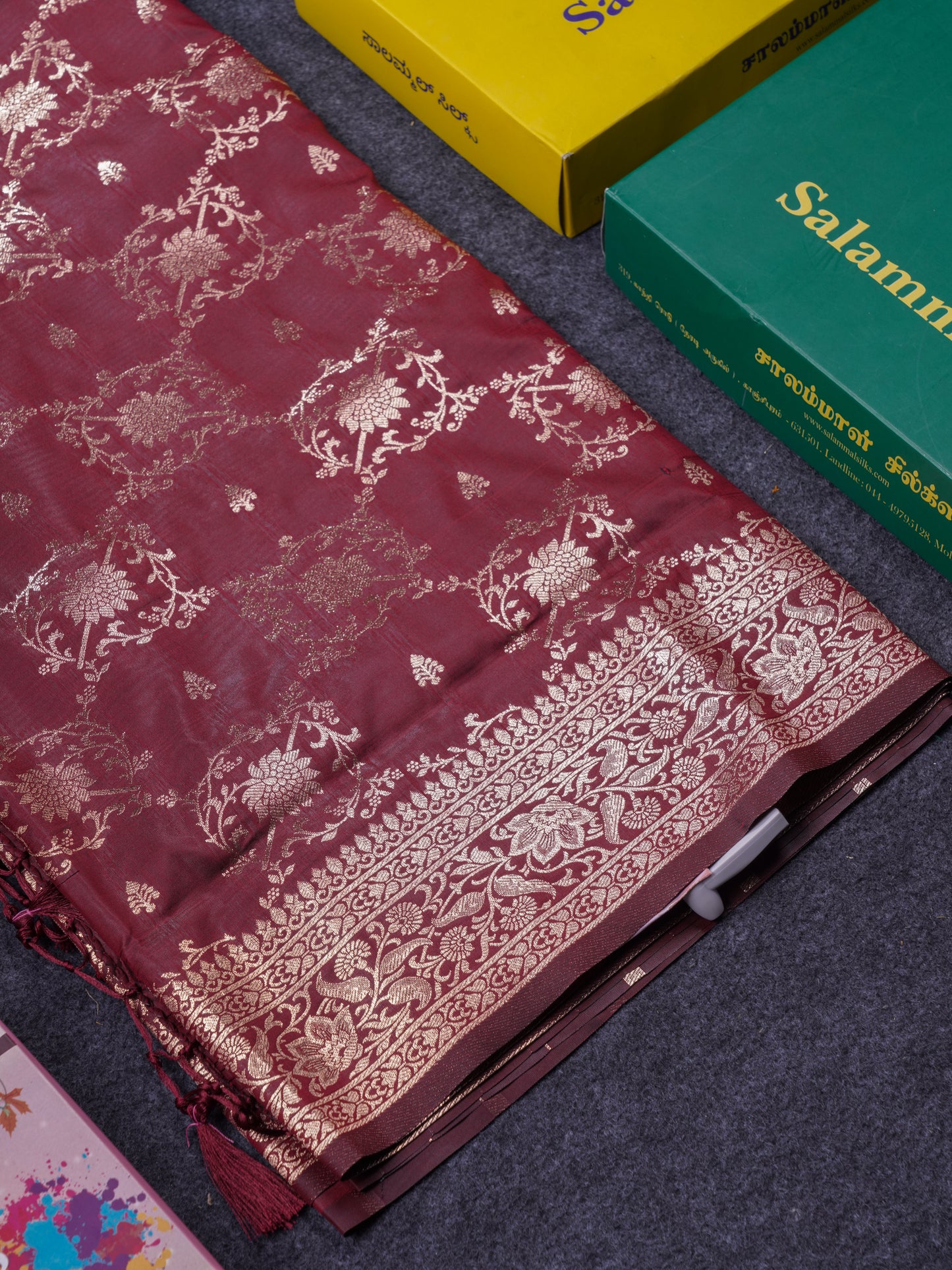 Beautiful Dark Maroon Semi Banaras Saree With Fancy Border