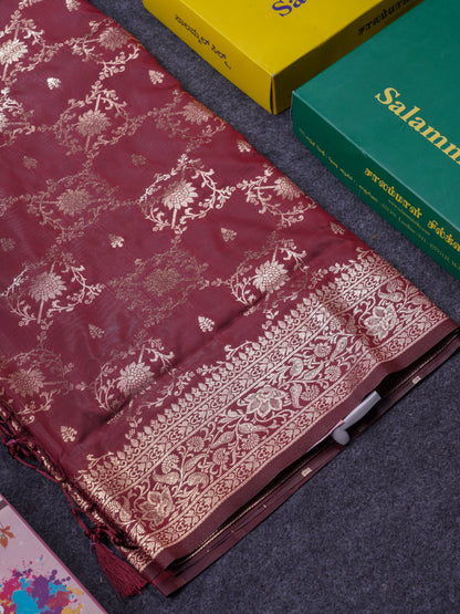 Beautiful Dark Maroon Semi Banaras Saree With Fancy Border