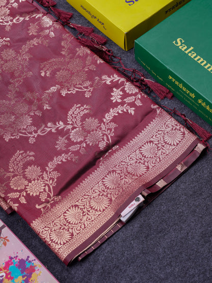 Beautiful Dark Maroon Semi Banaras Saree With Fancy Border