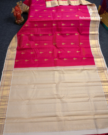 Korvai Beautiful Dual Tone Pink Pure Kanjivaram Silk Saree With Contrast Cream Sandal Traditional Border