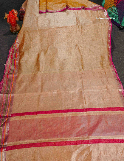 Crush Tissue Fancy Saree - Gold Colour Plain Body With Pink Traditional Border