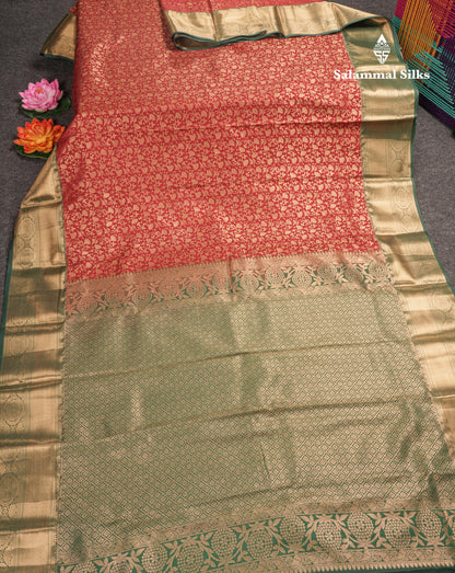 Red Bridal Semi Silk Saree With Contrast Bottle Green Border