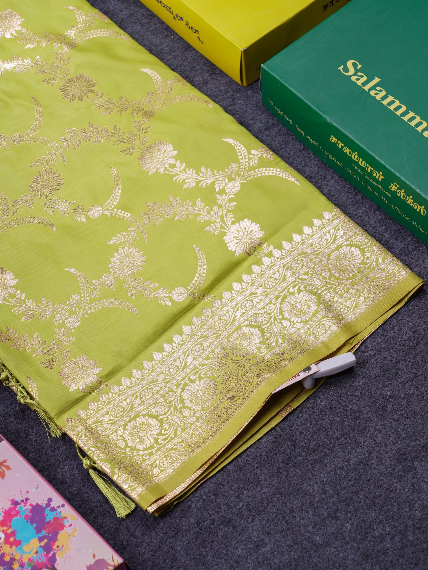 Beautiful Peacock Green Semi Banaras Saree With Fancy Border