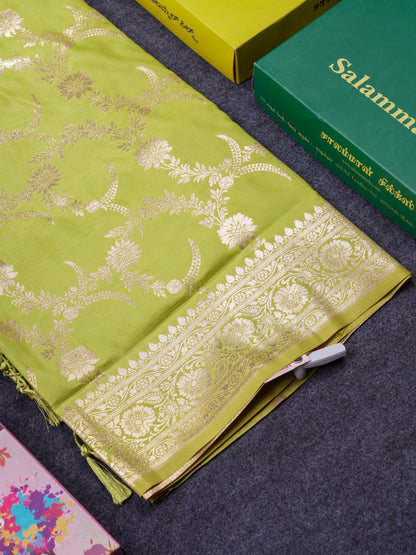 Beautiful Peacock Green Semi Banaras Saree With Fancy Border