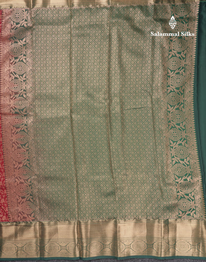 Red Bridal Semi Silk Saree With Contrast Bottle Green Border
