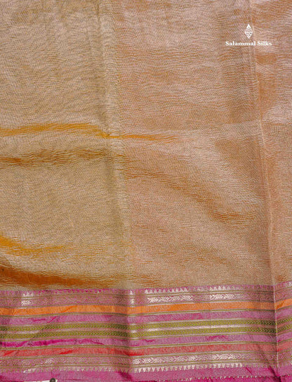 Crush Tissue Fancy Saree - Gold Colour Plain Body With Pink Traditional Border
