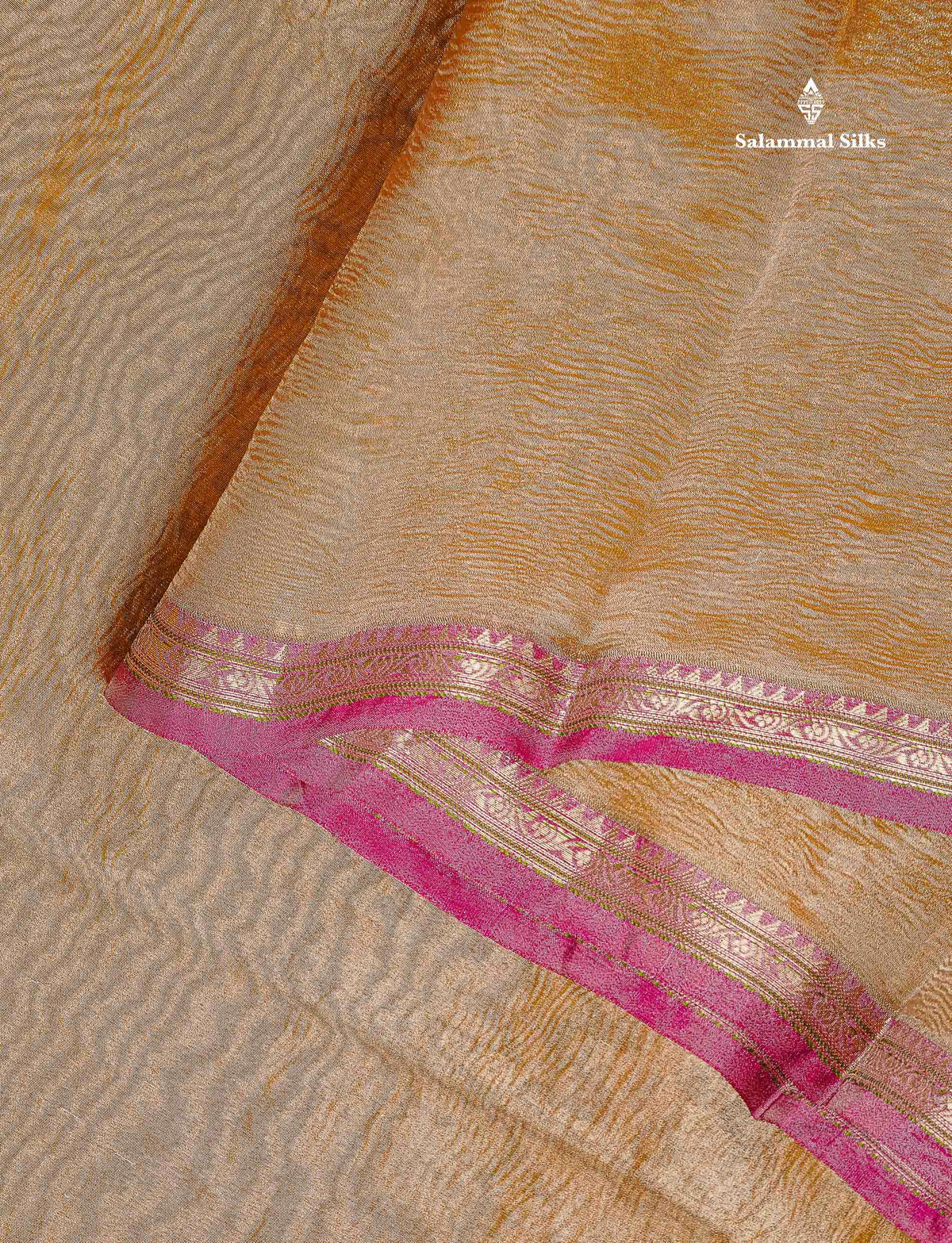 Crush Tissue Fancy Saree - Gold Colour Plain Body With Pink Traditional Border