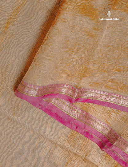 Crush Tissue Fancy Saree - Gold Colour Plain Body With Pink Traditional Border