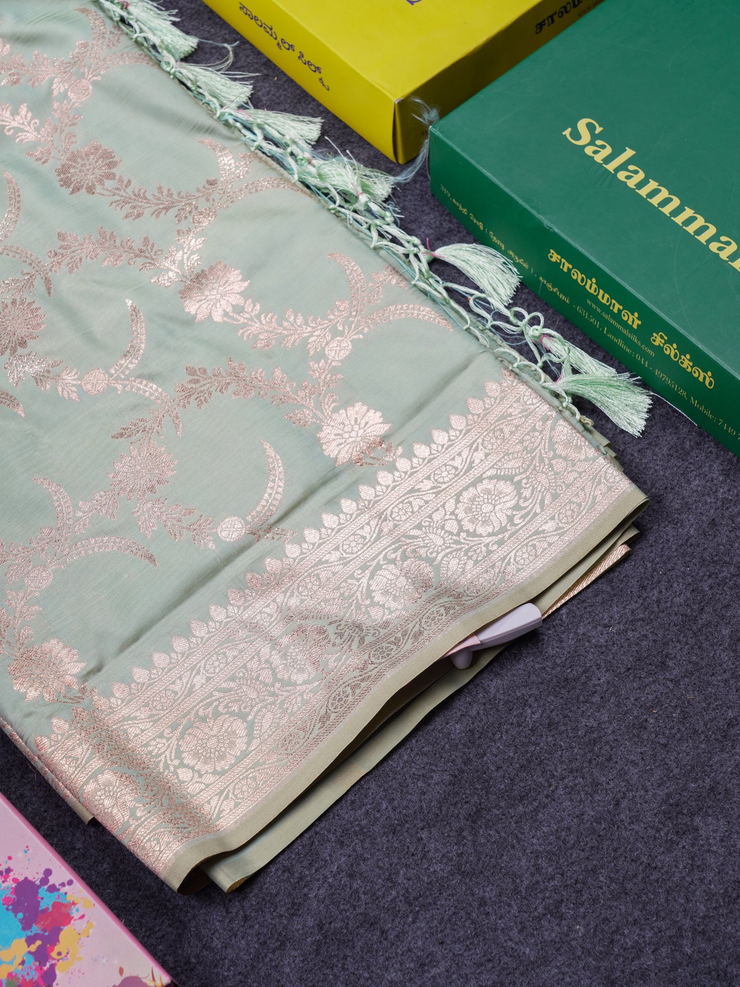 Beautiful Peacock Green Semi Banaras Saree With Fancy Border